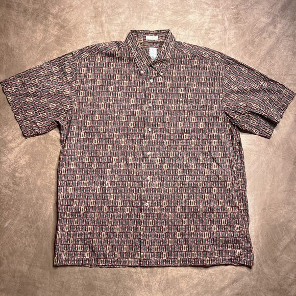 Vintage 90s Burma Bibas Geometric Print Shirt Button Up Red Short Sleeve Retro - Picture 1 of 7
